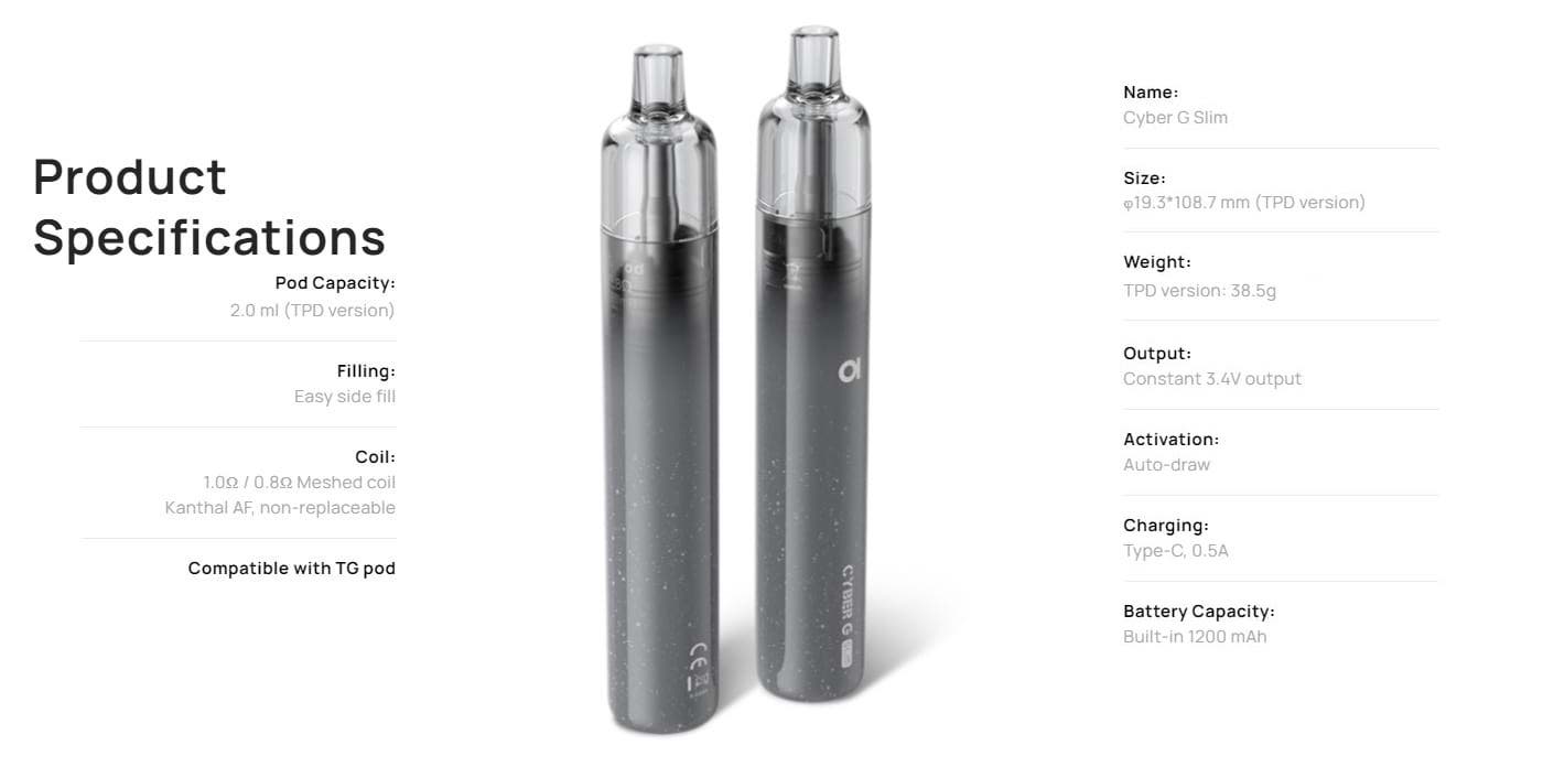 Aspire Cyber G Slim Pod Vape Kit - Product Specifications
