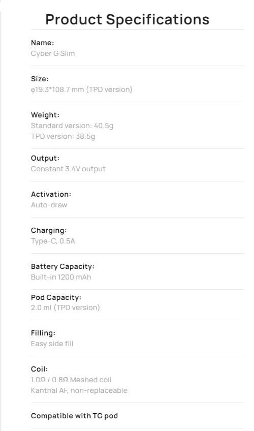 Aspire Cyber G Slim Pod Vape Kit - Product Specifications
