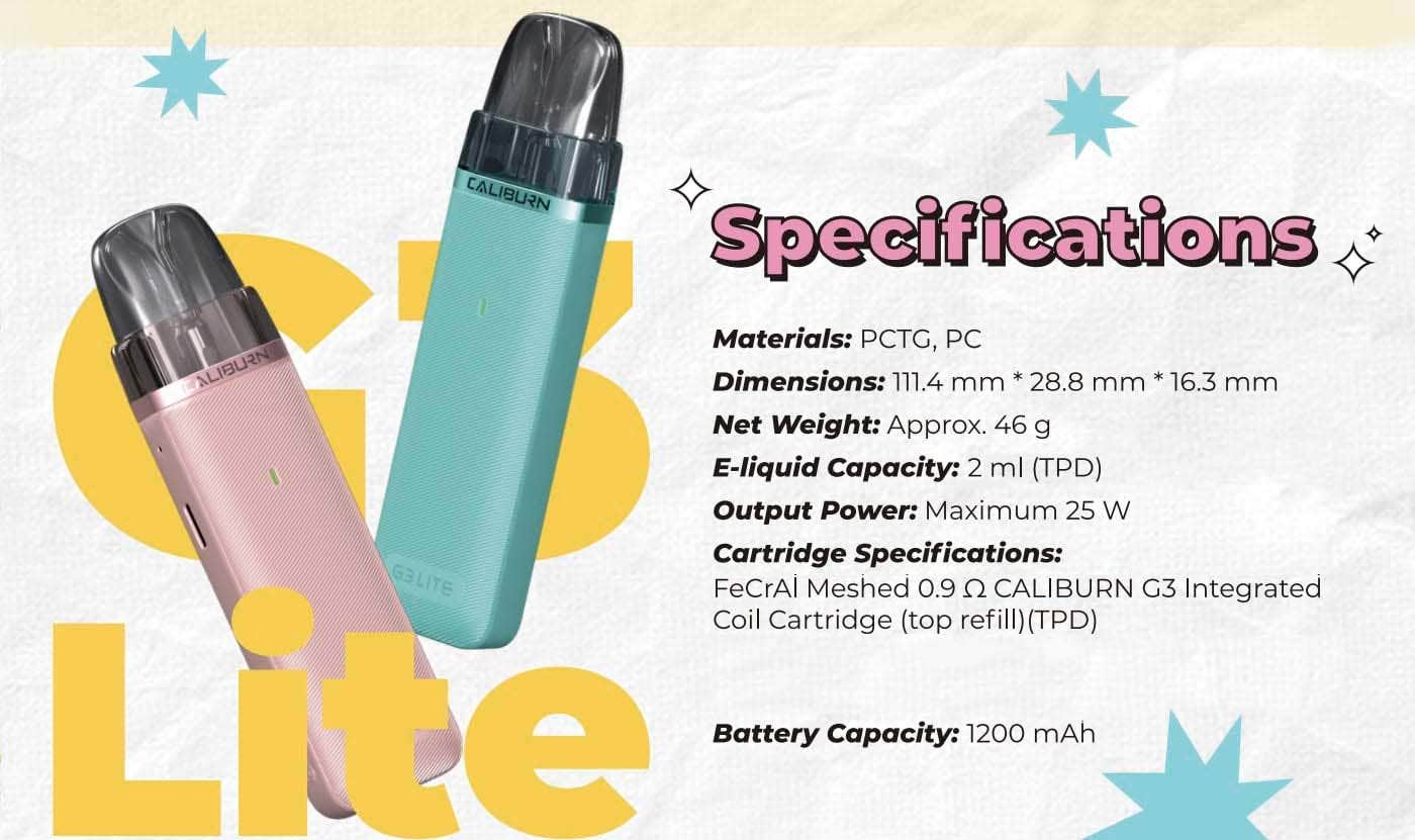 Uwell Caliburn G3 Lite Pod Vape Kit - Specifications