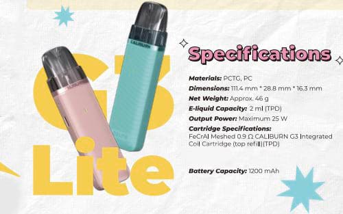 Uwell Caliburn G3 Lite Pod Vape Kit - Specifications