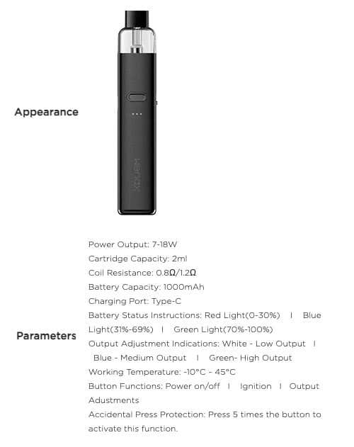 Geekvape Wenax K2 Pod Vape Kit - Specifications