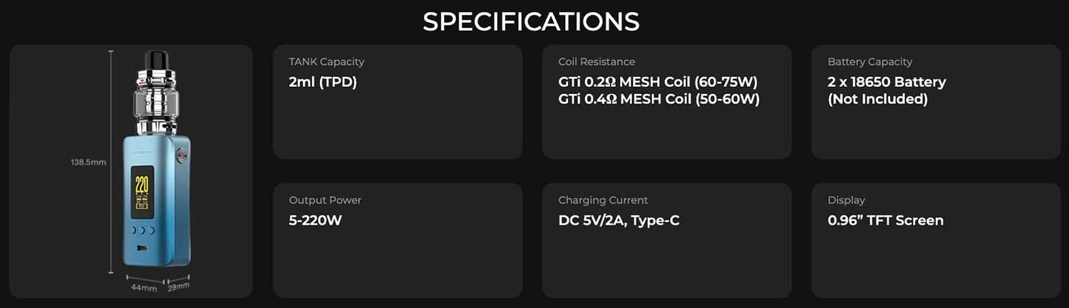 Vaporesso Gen 200 with iTank 2 Edition - Specifications