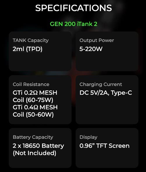 Vaporesso Gen 200 with iTank 2 Edition - Specifications