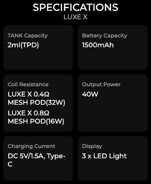 Vaporesso Luxe X Pod Kit - Specifications
