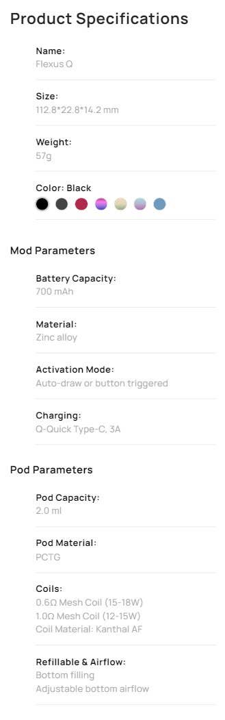 Specifications of the Aspire Flexus Q pod kit.