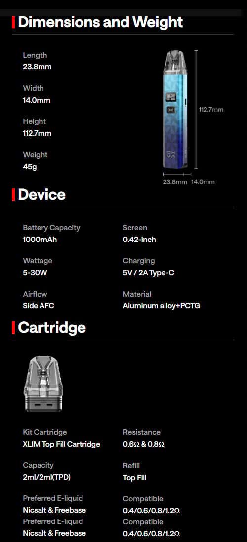 Oxva Xlim Classic Edition Pod Kit - Specifications