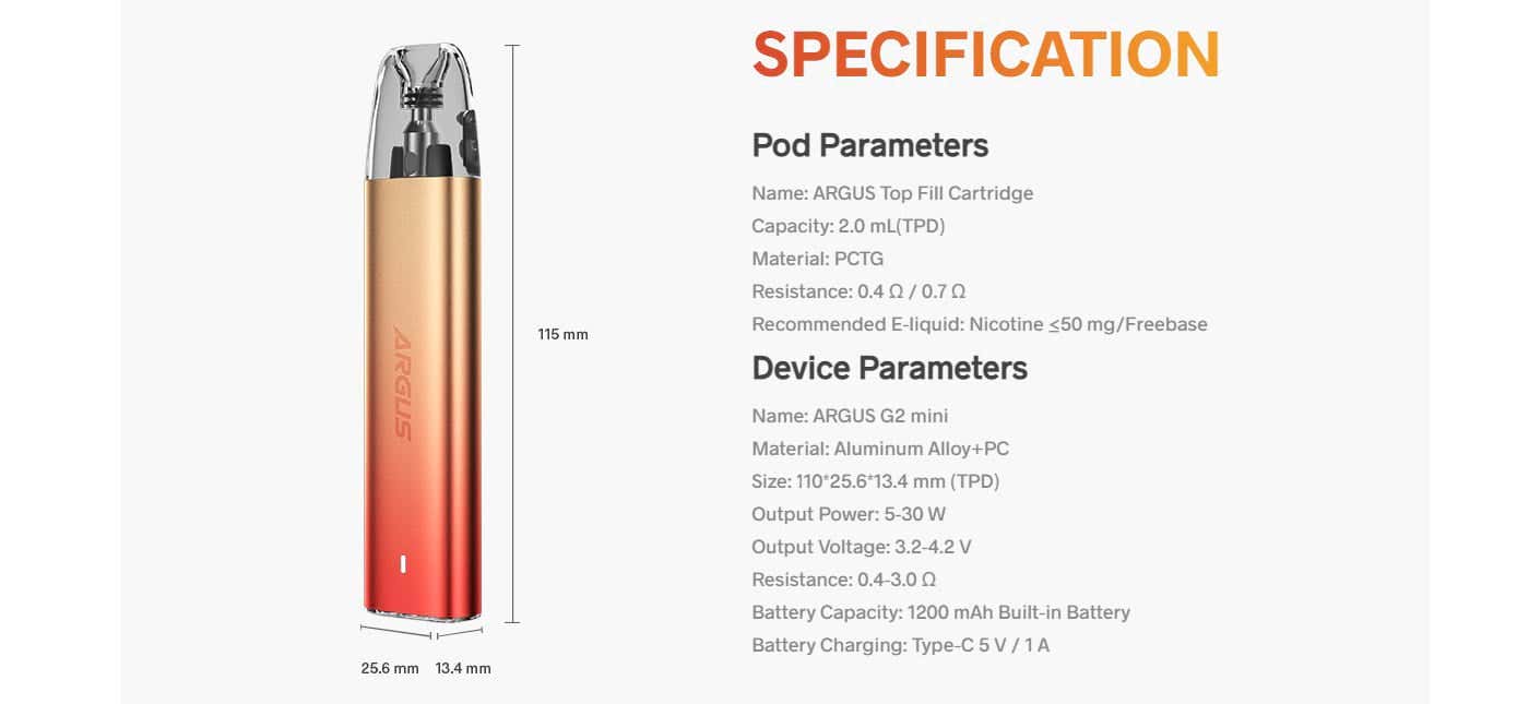 Voopoo Argus G2 Mini Pod Vape Kit - Specifications