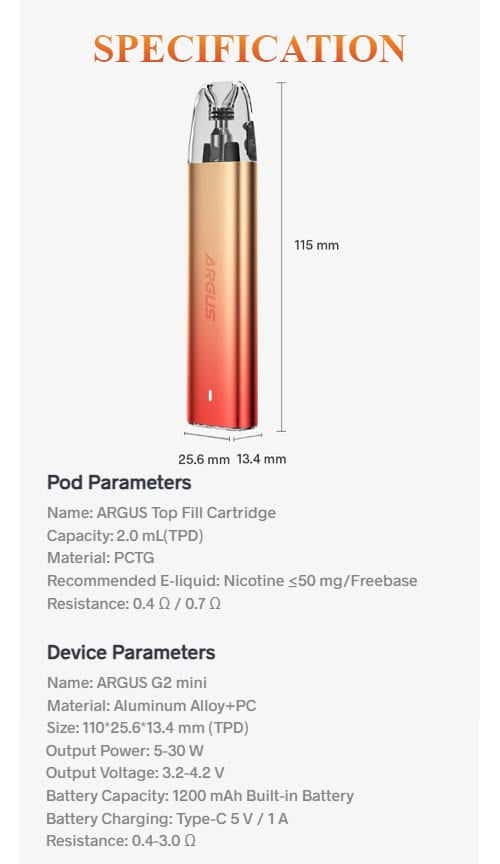 Voopoo Argus G2 Mini Pod Vape Kit - Specifications