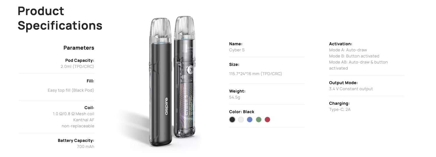 Aspire Cyber X Pod Vape Kit - Specifications