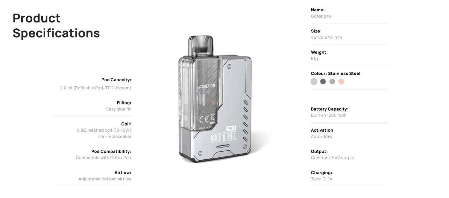 Aspire Gotek Pro Pod Vape Kit - Product Specifications