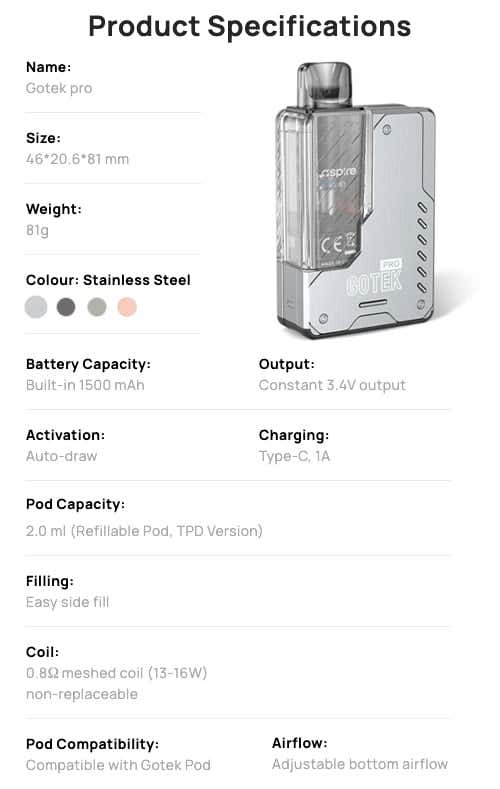Aspire Gotek Pro Pod Vape Kit - Product Specifications