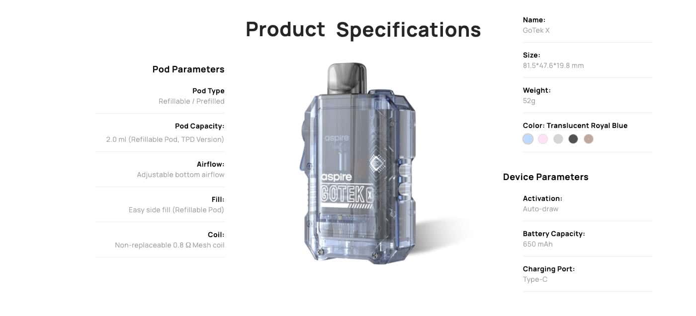 Aspire Gotek X Pod Vape Kit - Specifications