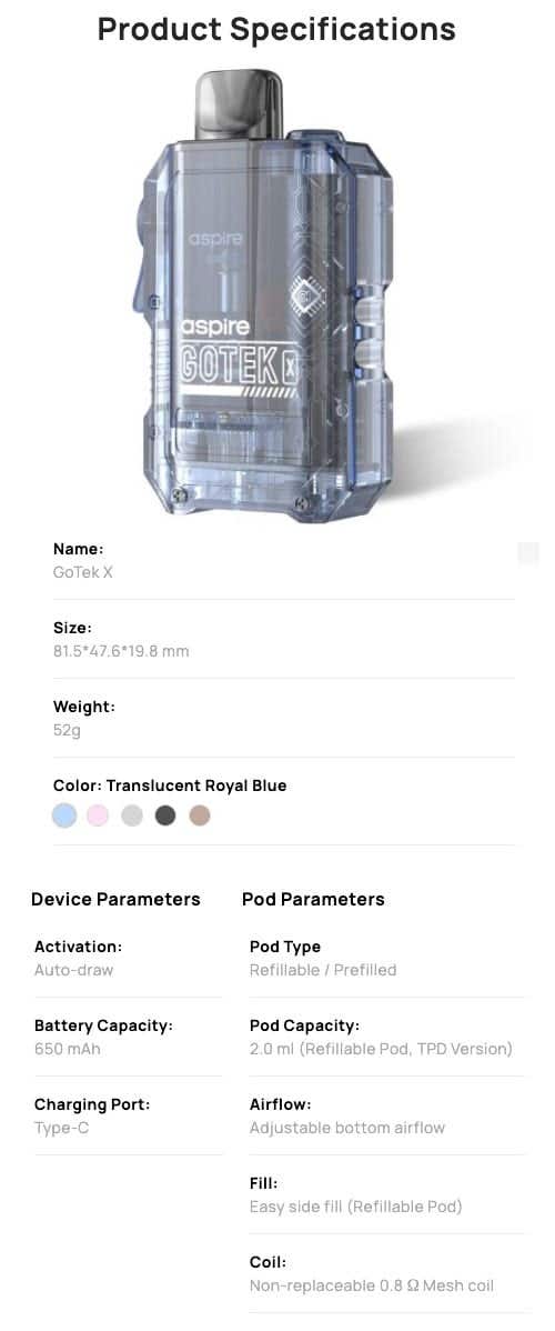Aspire Gotek X Pod Vape Kit - Specifications