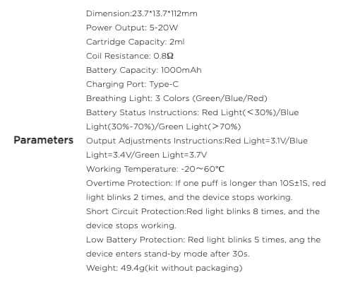 Geekvape AQ (Aegis Q) Pod Vape Kit - Specifications and parameters