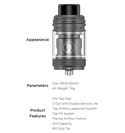 Geekvape Z Fli Vape Tank - Specifications
