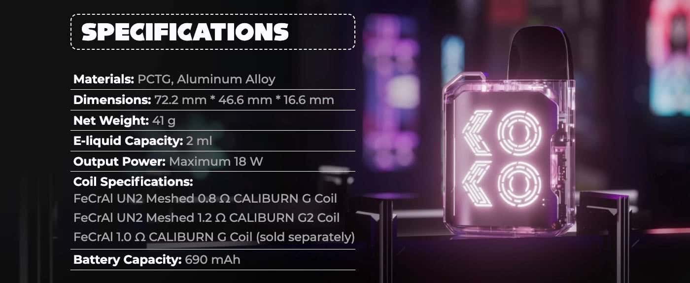 Uwell Caliburn GK2 Vision Pod Vape Kit - Specifications