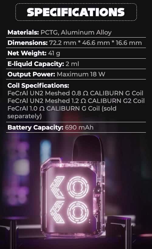 Uwell Caliburn GK2 Vision Pod Vape Kit - Specifications
