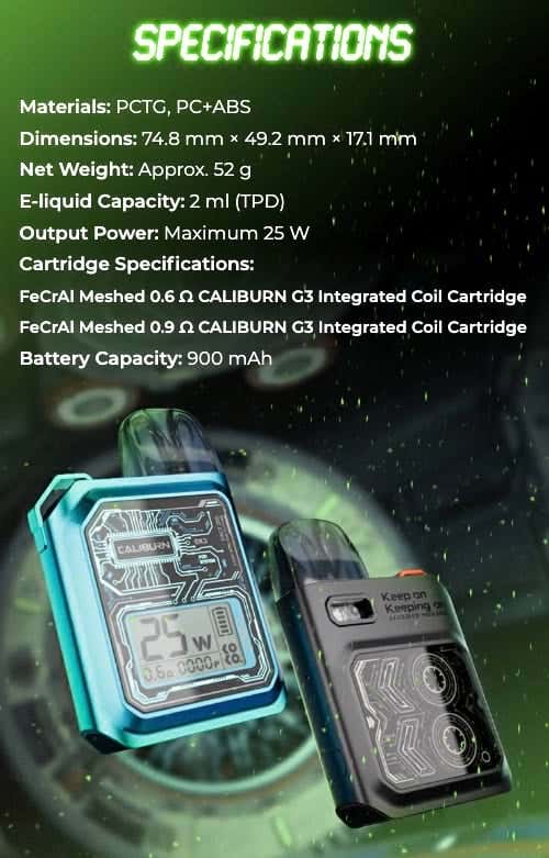 Uwell Caliburn GK3 Pod System - Specifications