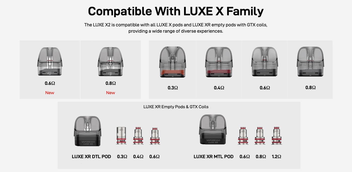 Vaporesso Luxe X2 Pod Vaping Kit - Muiltiple pod and coil options with Luxe and GTX series