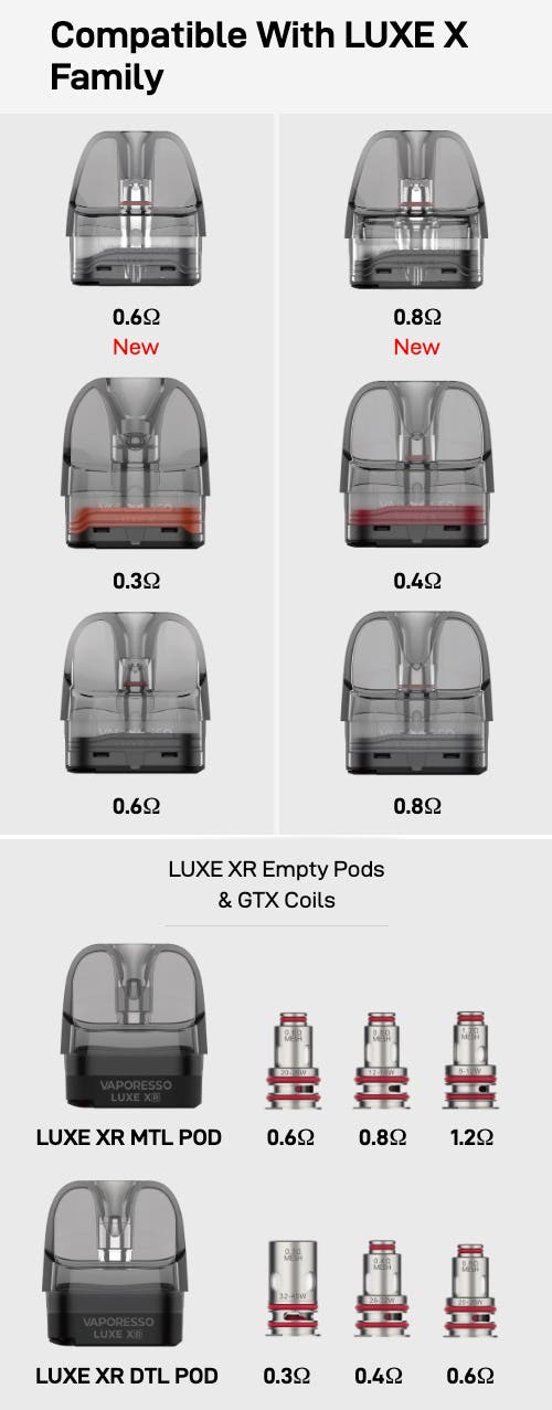 Vaporesso Luxe X2 Pod Vaping Kit - Muiltiple pod and coil options with Luxe and GTX series