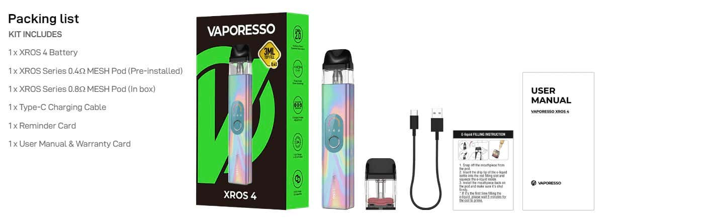 Vaporesso XROS 4 Pod Vape Kit - Packing List