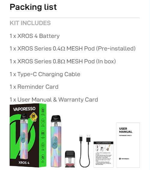 Vaporesso XROS 4 Pod Vape Kit - Packing List
