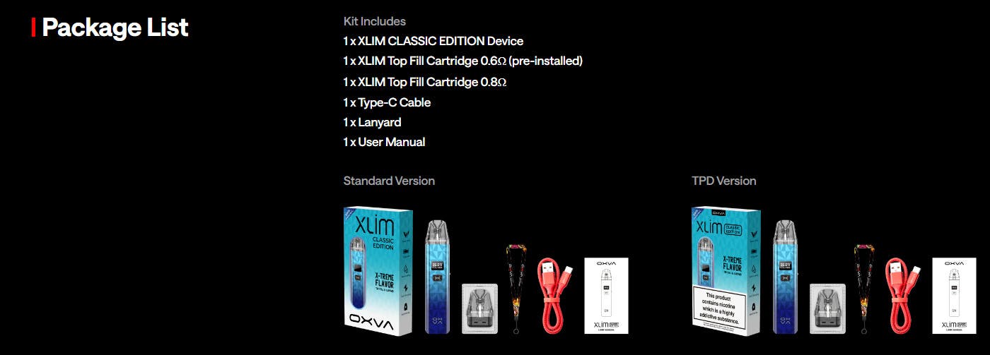 Oxva Xlim Classic Edition Pod Kit - TPD What's in the Box?