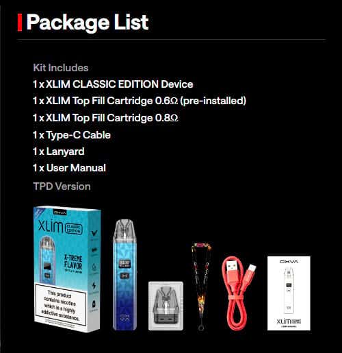 Oxva Xlim Classic Edition Pod Kit - TPD What's in the Box?