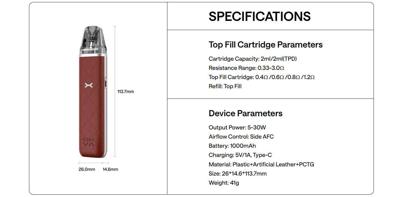 Oxva Xlim Go Pod Vape Kit - Specifications
