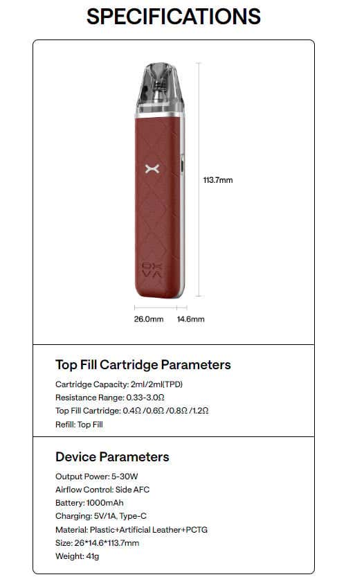 Oxva Xlim Go Pod Vape Kit - Specifications