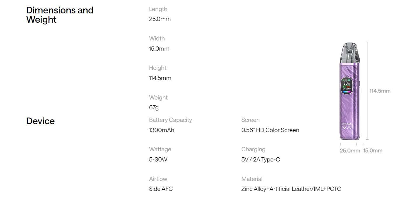 Oxva Xlim Pro 2 Pod Vape Kit - Specifications