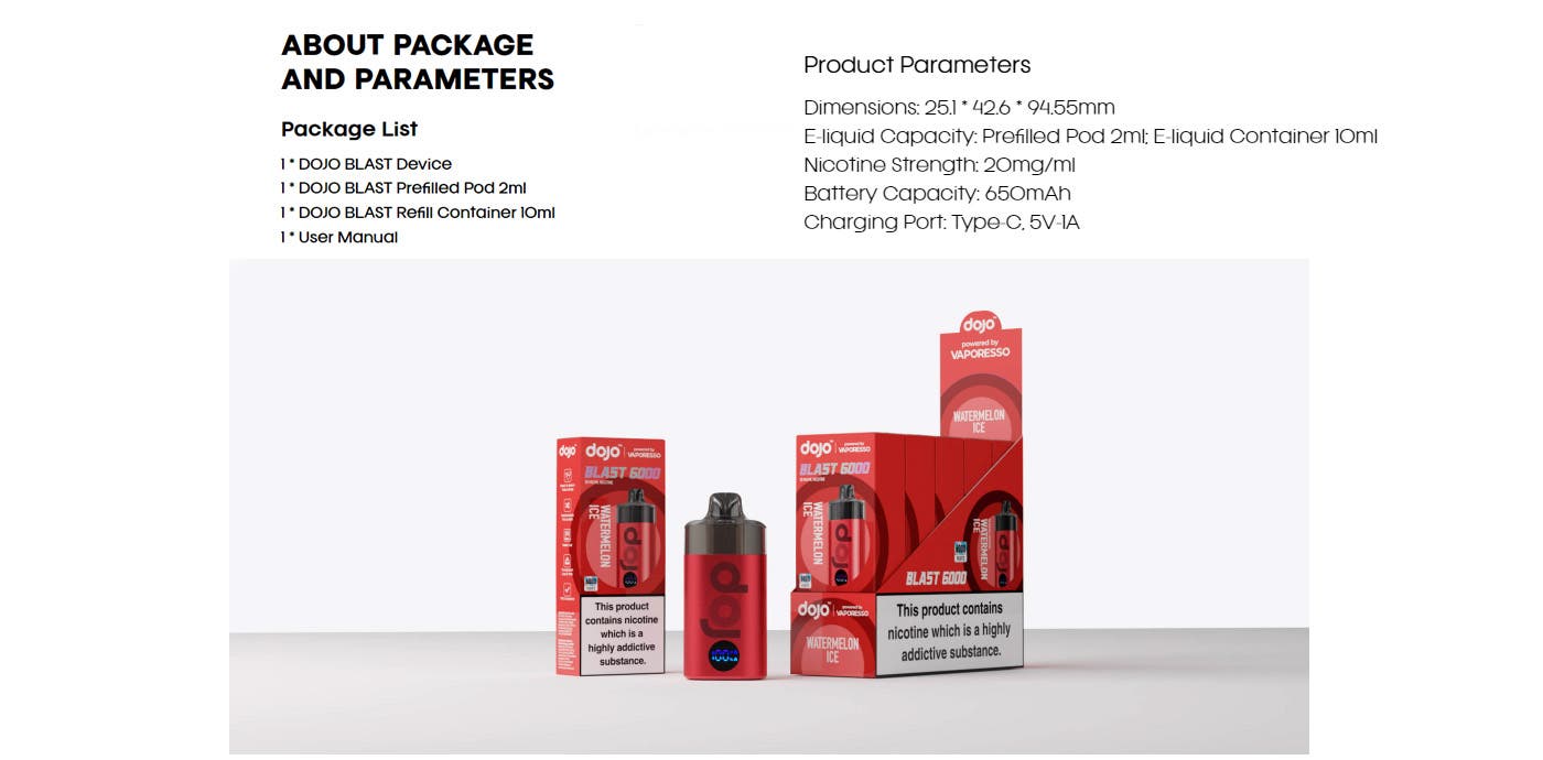Vaporesso Dojo Blast 6000 Pod Kit - Specifications and Components