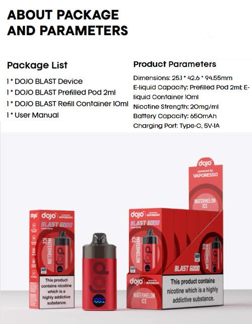 Vaporesso Dojo Blast 6000 Pod Kit - Specifications and Components