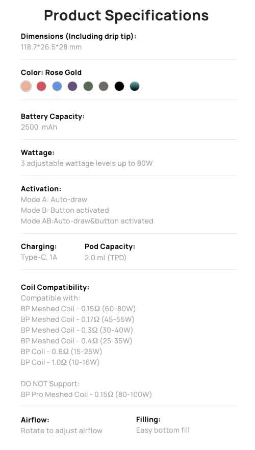 Aspire BP Stik Pod Vape Kit - Specifications