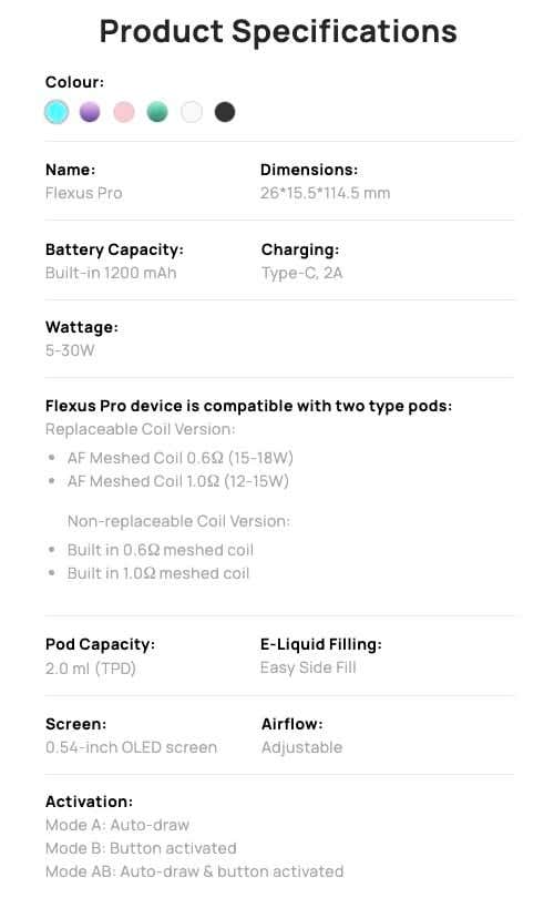 Aspire Flexus PRO Pod Kit - Product specifications