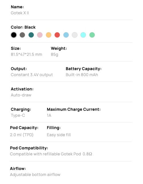 Aspire Gotek X II Pod Vape Kit - Gotek X II specifications