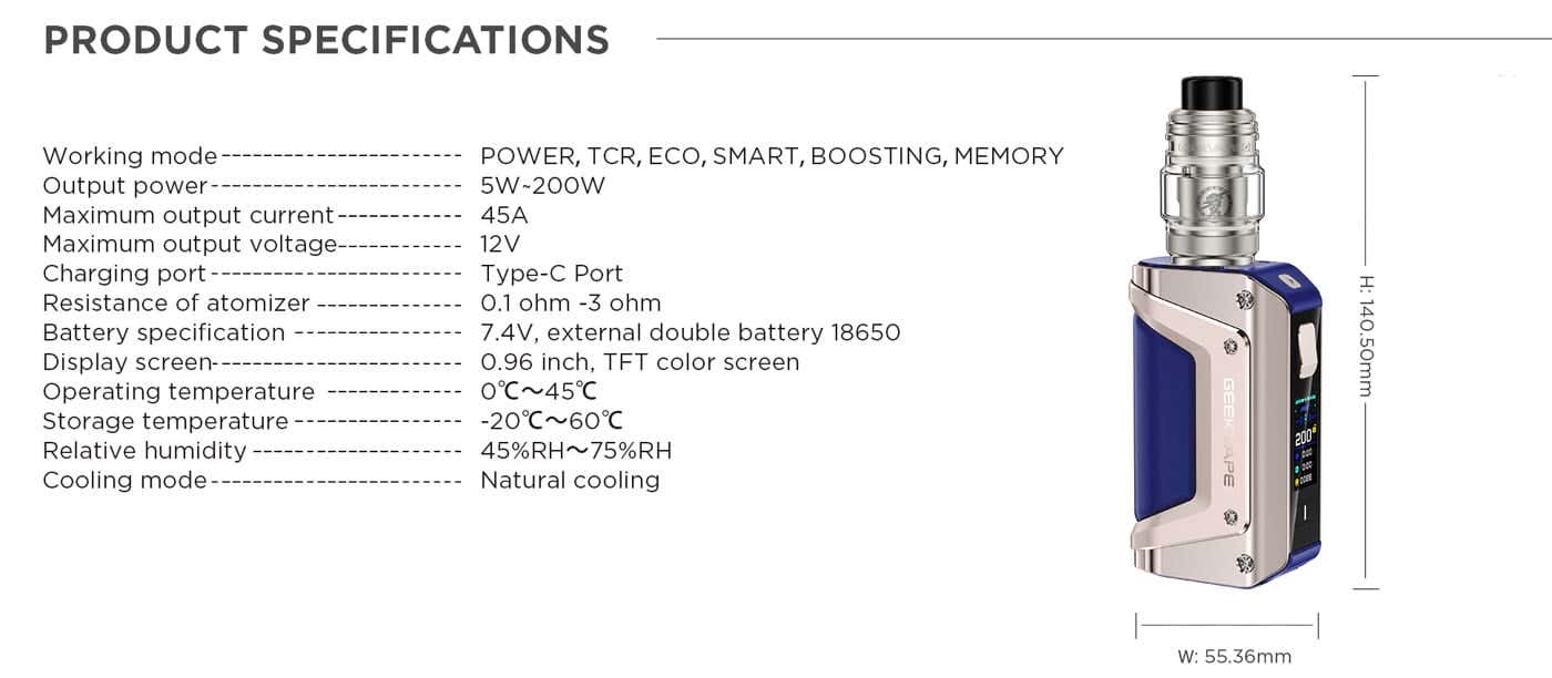 Geekvape Aegis Legend 3 Pod Vape Kit - Product Specifications