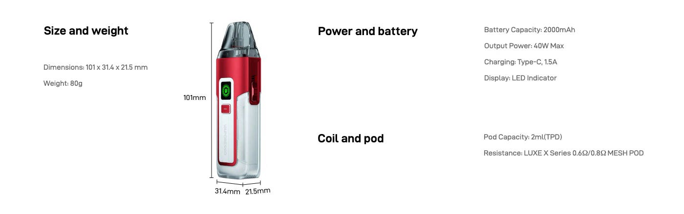 Vaporesso Luxe X2 Pod Vaping Kit - Specifications