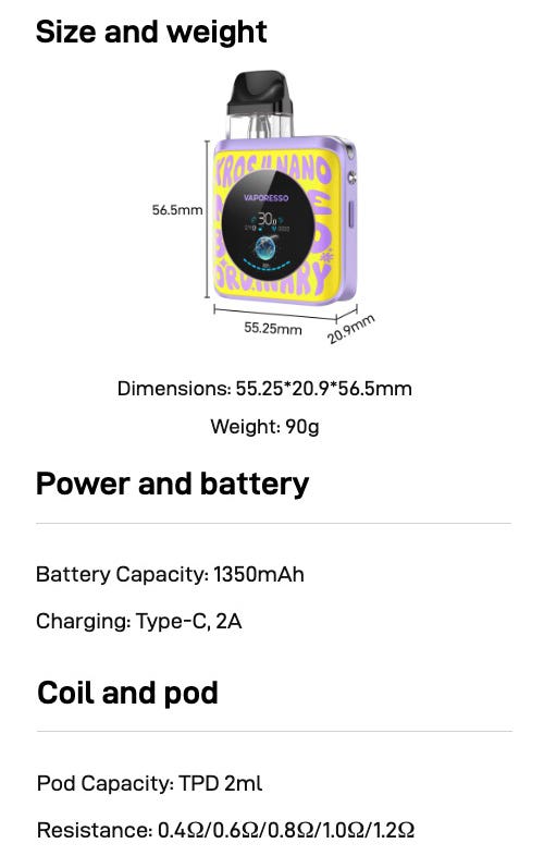 Vaporesso XROS 4 Nano Pod Kit - Specifications