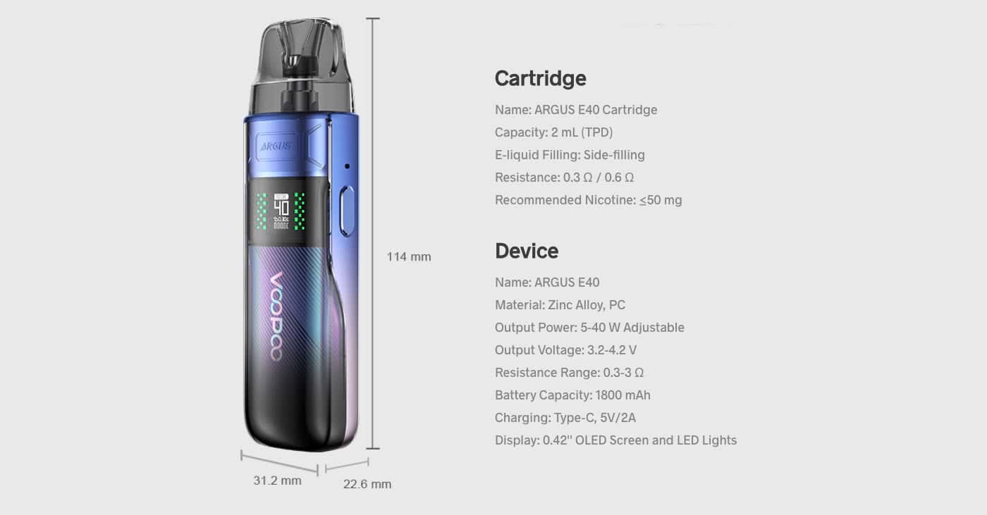 VooPoo Argus E40 Pod Vape Kit - Specifications