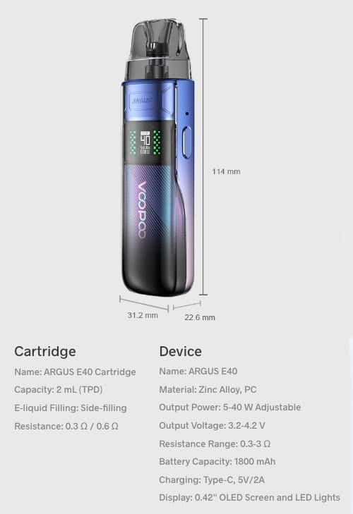VooPoo Argus E40 Pod Vape Kit - Specifications