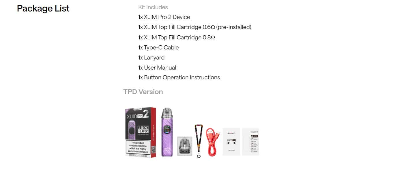Oxva Xlim Pro 2 Pod Vape Kit - Packing List