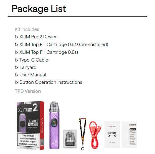Oxva Xlim Pro 2 Pod Vape Kit - Packing List