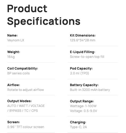 Aspire Veynom LX Pod Vape Kit - Specifications