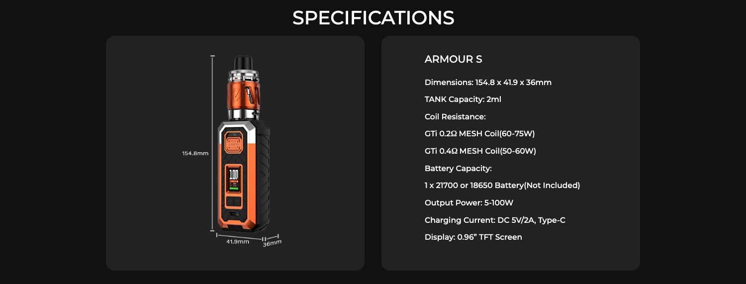 Vaporesso Armour S 100w Kit - Specifications