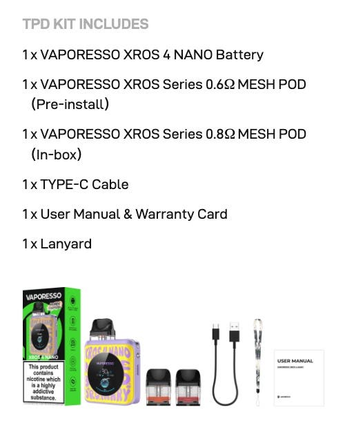 Vaporesso XROS 4 Nano Pod Kit - What's included in the box?