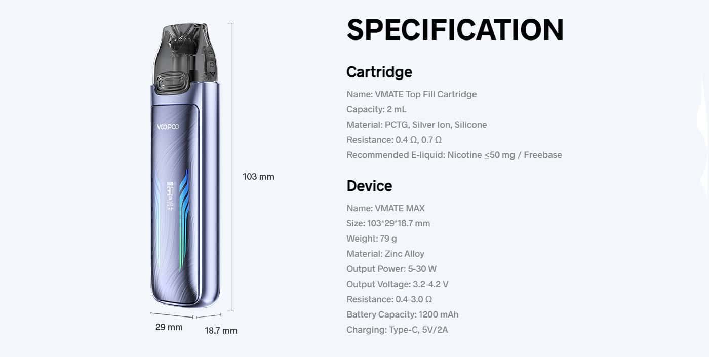 VooPoo VMATE Max Pod Vape Kit - Specifications
