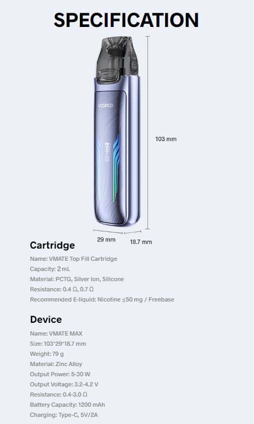 VooPoo VMATE Max Pod Vape Kit - Specifications