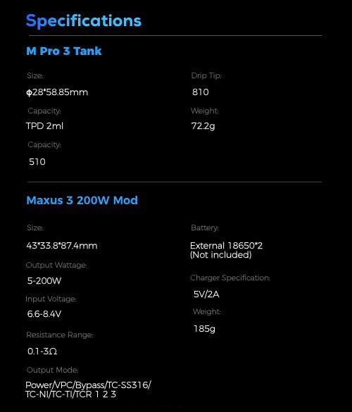 Freemax Maxus 3 Vape Kit - Specifications
