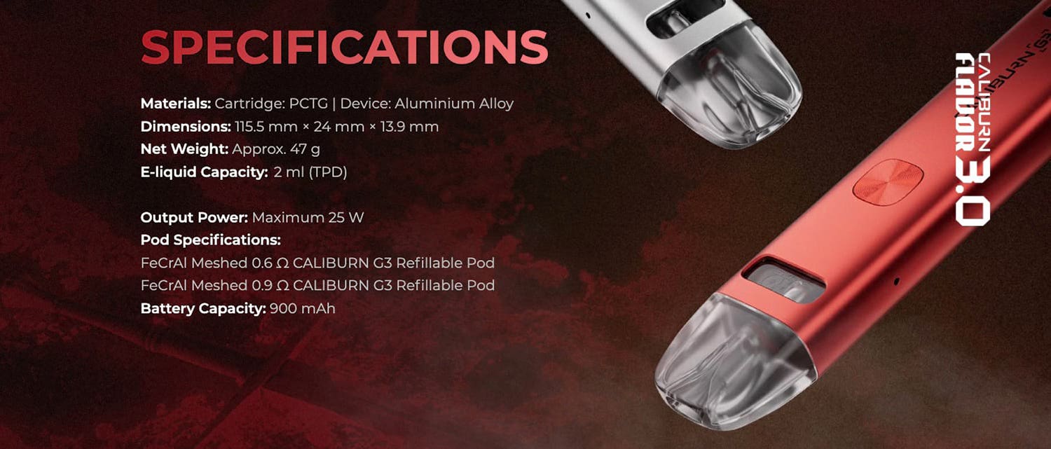 Uwell Caliburn G3 Pod Vape Kit - Specifications
